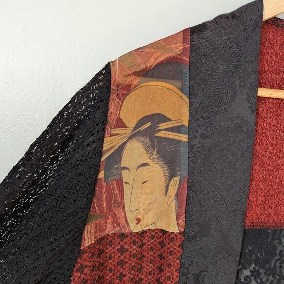 Y2K Patchwork Cardigan Topper Jacket Red Black Artsy Eclectic Lace Mesh Asian - Picture 3 of 11